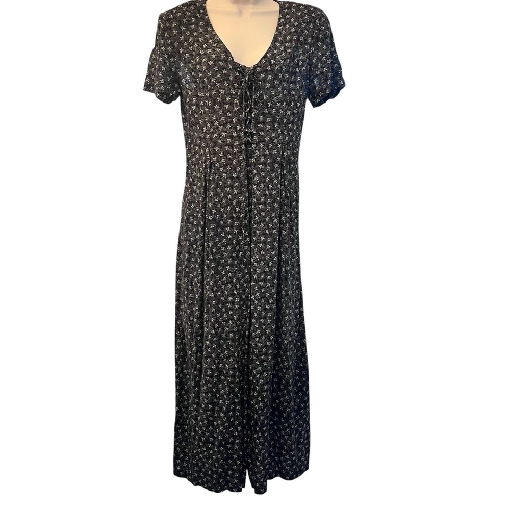 All That Jazz Vintage 90s Lace Up Bodice Black White Ditsy Print Floral Jumpsuit